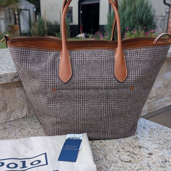 Polo Ralph Lauren Brown Plaid Wool Medium Bellport Tote Handbag w/Dust Bag - Picture 11 of 12